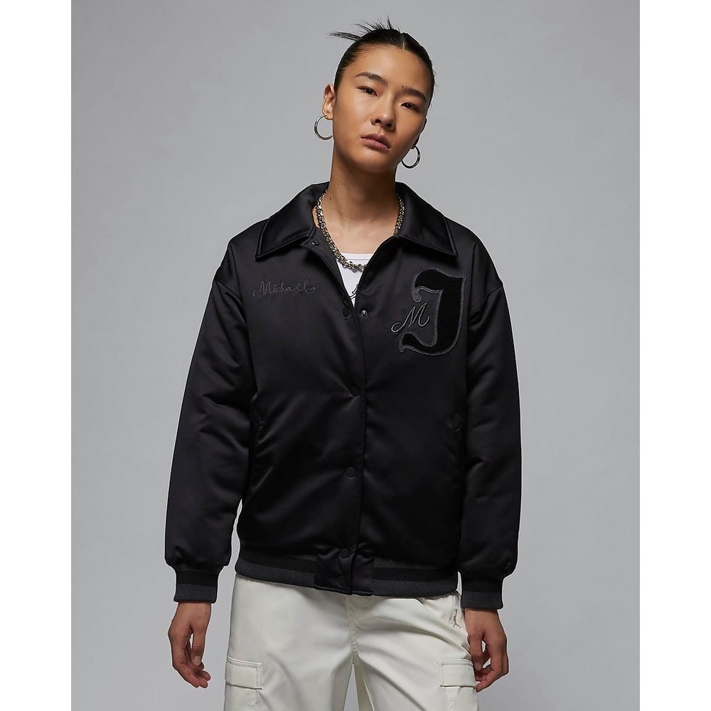 Jordan Michael Varsity Jacket‎ Black Satin Full Snap Embroidered Jumpman